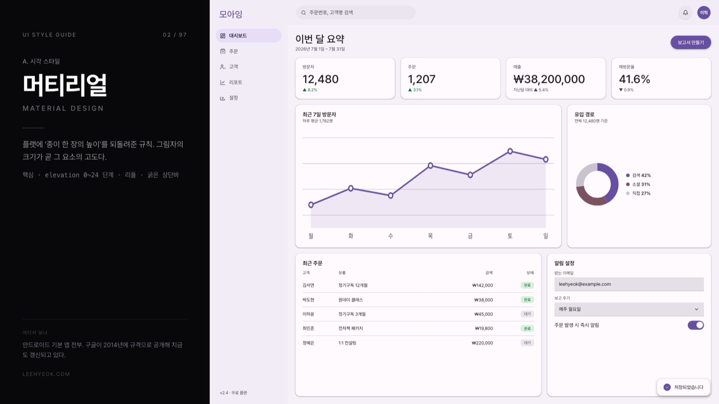 머티리얼 — MATERIAL DESIGN 스타일을 적용한 대시보드 화면