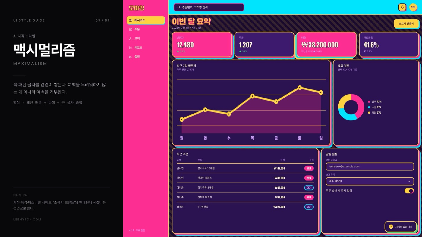 맥시멀리즘 — MAXIMALISM 스타일을 적용한 대시보드 화면