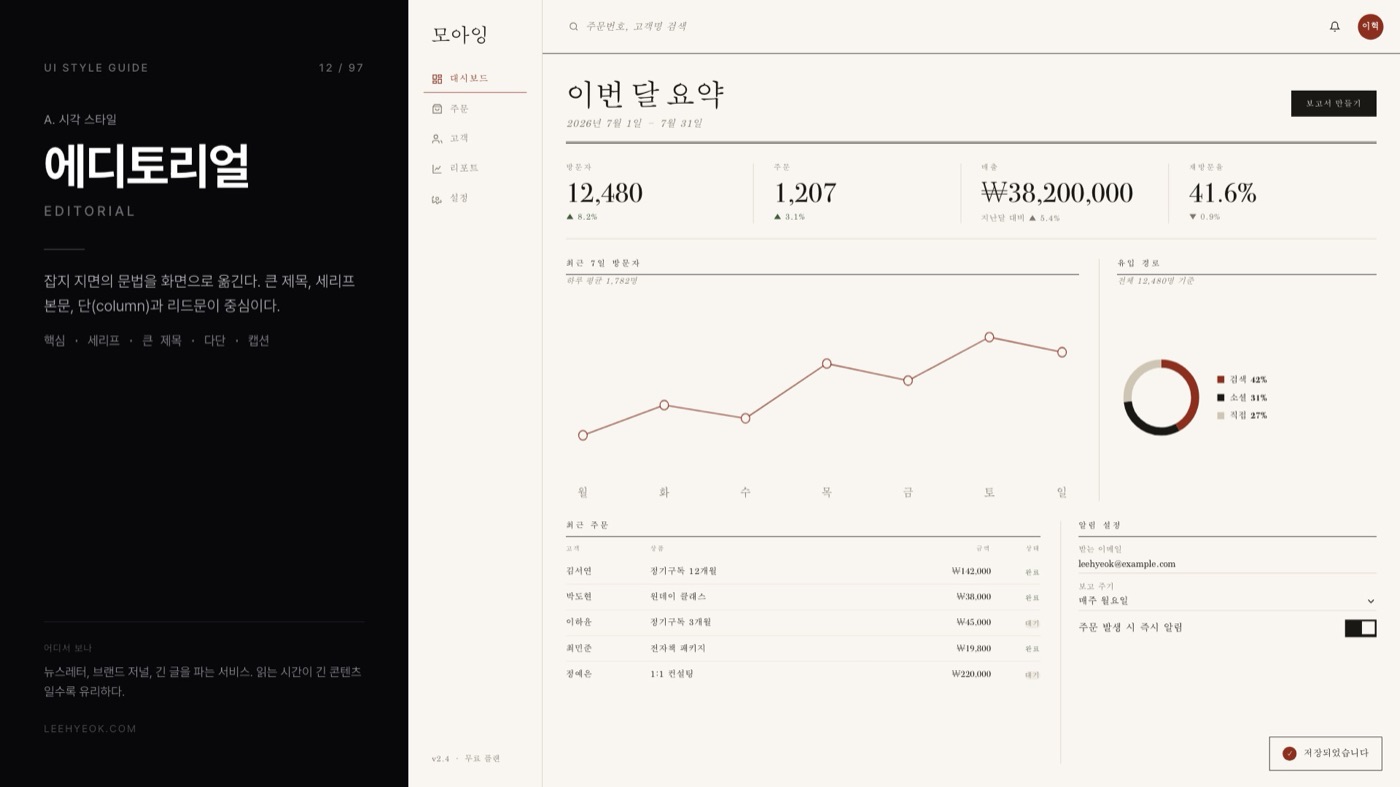 에디토리얼 — EDITORIAL 스타일을 적용한 대시보드 화면