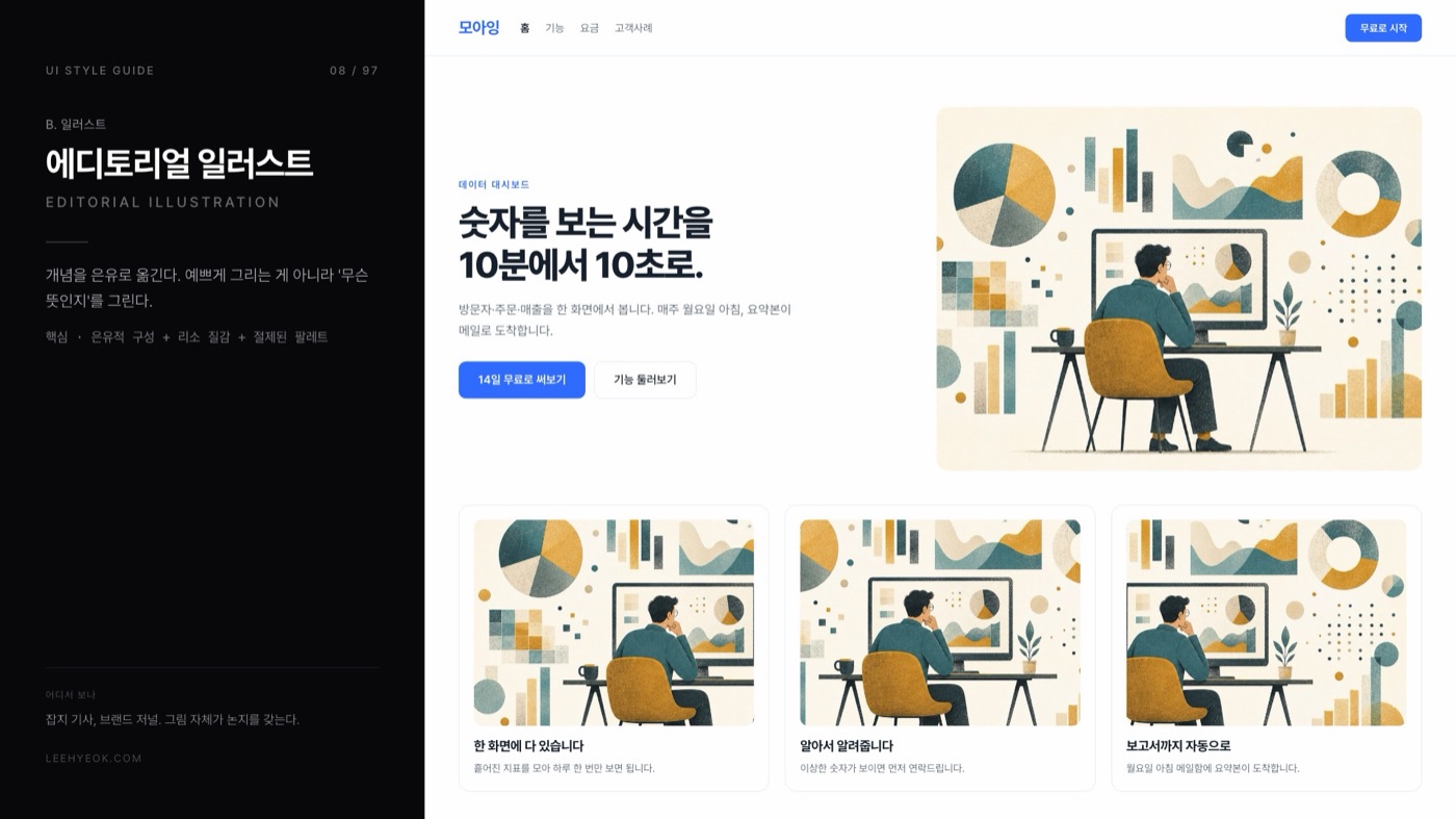 에디토리얼 일러스트 — EDITORIAL ILLUSTRATION 스타일을 적용한 대시보드 화면