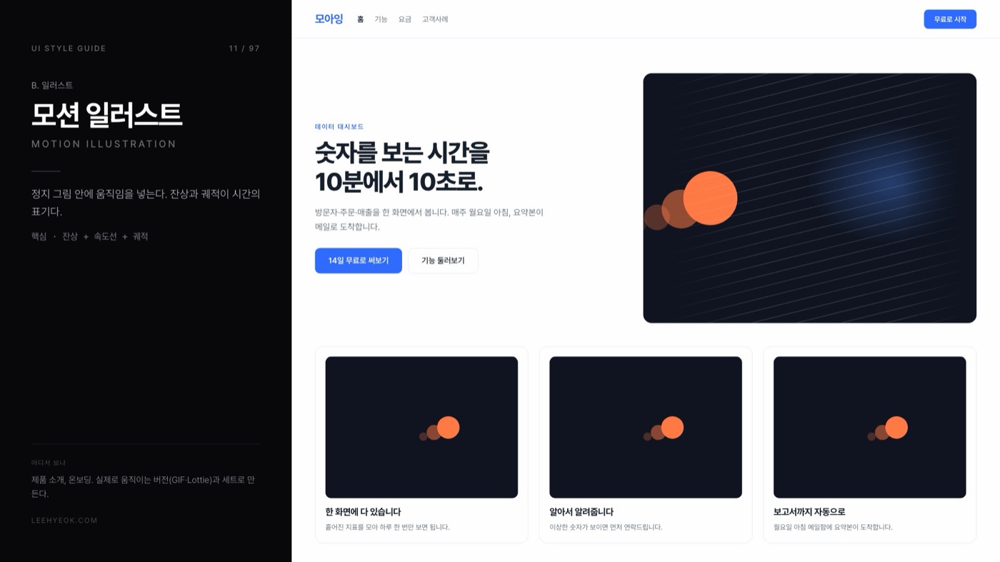 모션 일러스트 — MOTION ILLUSTRATION 스타일을 적용한 대시보드 화면
