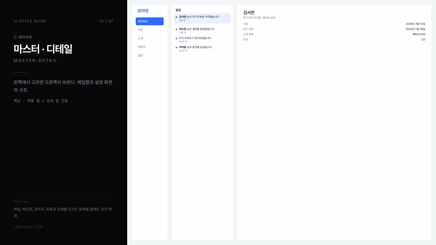 마스터 · 디테일 — MASTER-DETAIL 스타일을 적용한 대시보드 화면